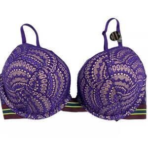 Victoria’s Secret Bombshell Plunge padded adds 2 cups lace mesh bra purple 32D